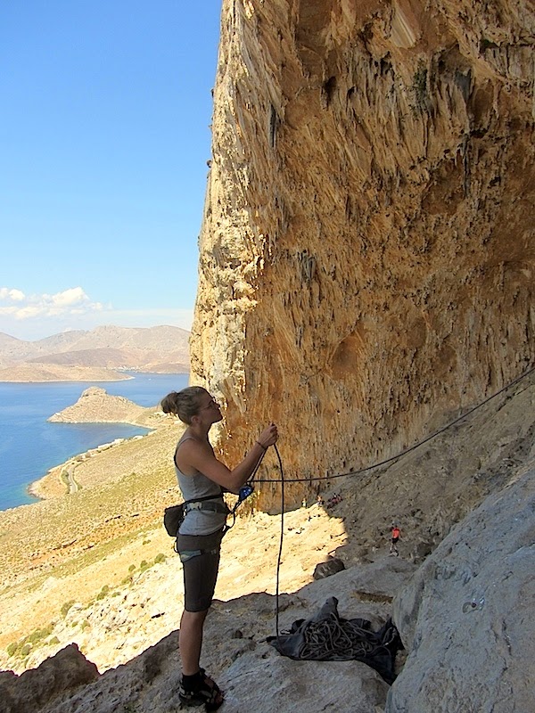 Vilija belaying Martynas in Grande Grota