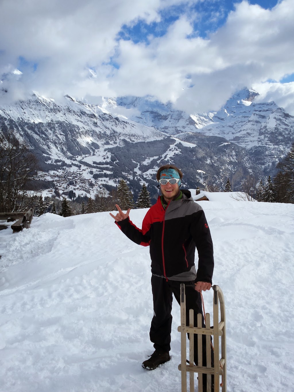 Sledding in front of The Eiger Nordwand