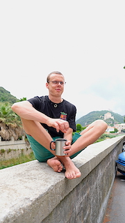 Enjoying his espresso after we broke and fixed our moka pot