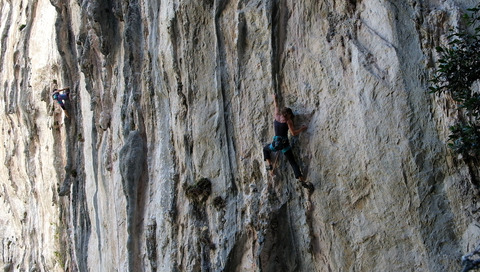 My wife fighting with "Cinderella man" (7c) at Rumenes