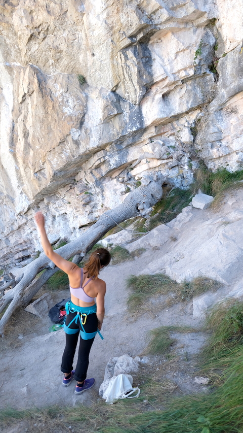 Laura (my wife) warming up before an attempt on "Troncomovil" (8a) at Cicera