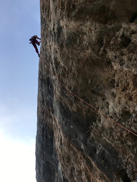 Laura going up on Turbulence (7b+)